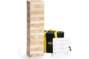 A11N SPORTS A11N Tumble Tower Game | 54 Blocks, Starts at 1.5 Feet Tall and Build to 3 Feet Tall | Wooden Stacking Yard Game with Carrying Bag, Rules Board, 1 Dice