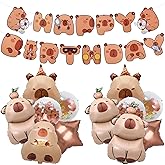 13 Pcs Brown Capybara Birthday Decorations, 12 Reusable Animal Capybara Balloons with 1 Banner, Durable Foil Balloons for Baby Shower Decorations, Gender Reveal Party Decoration for Party Decor