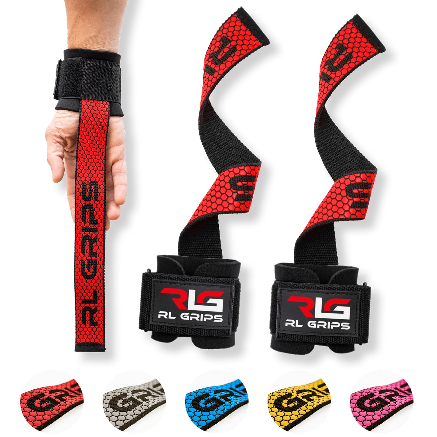 RL Grips® Straps Gym with Wrist Wraps for Weightlifting and Powerlifting - Grip Straps for Back with Wrist Protection - Gym Handles for Deadlift and Bodybuilding (Red)