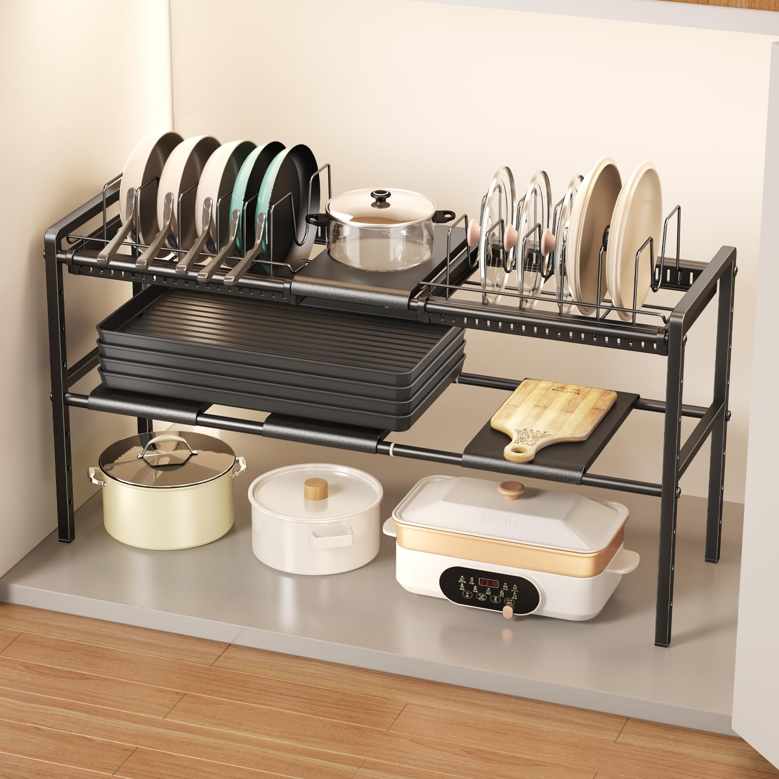 Photo 1 of Mustorn Pots and Pans Organizer Under Cabinet, Expandable 2 Tier Under Sink Organizers and Storage Adjustable Height Kitchen Pot and Pan Lid Holder Rack with 12 Dividers Under Cabinet Shelf(Black)