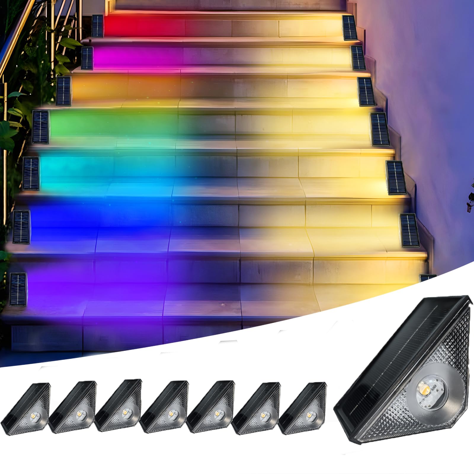 GEEKHOM Solar Step Deck Lights Outdoor 8 Pack Step Light, Waterproof Warm White/7 RGB Color Glow Changing Fence Lights for Patio Stairs Post Pathway Porch Driveway Garden Decor