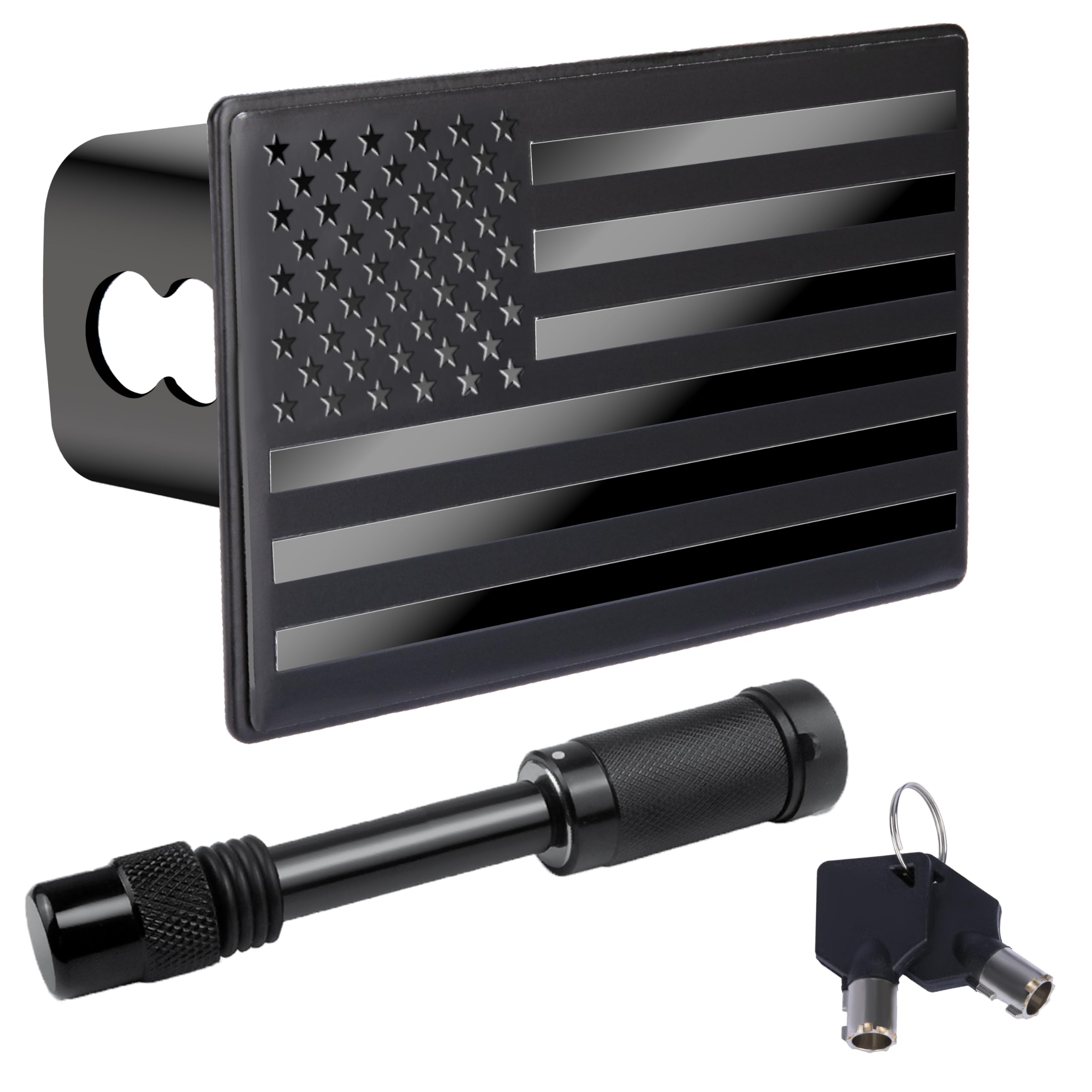 Photo 1 of 2 Inch Trailer Hitch Cover, American Flag Stainless Steel Metal Hitch Cover with 5/8 Inches Pin Diameter Trailer Hitch Lock, Trailer Plug Receiver and Tow Cap for Truck Accessories