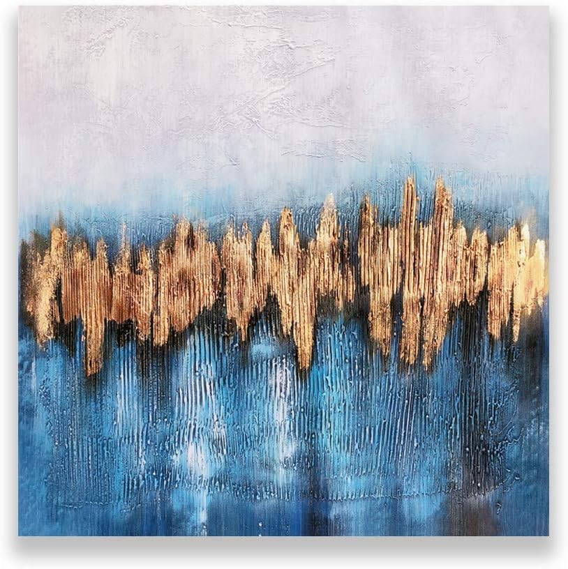 UAC WALL ARTS Modern Classic Blue Texture Oil Painting 3D Gold Foil Hand-Painted Creative Abstract Oil Painting on Canvas Home Decoration Art Wall Ready to Hang 32x32Inch