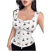 Floerns Women's Y2k Tank Tops Sleeveless Cherry Print Sweetheart Neck Ruched Going Out Tops