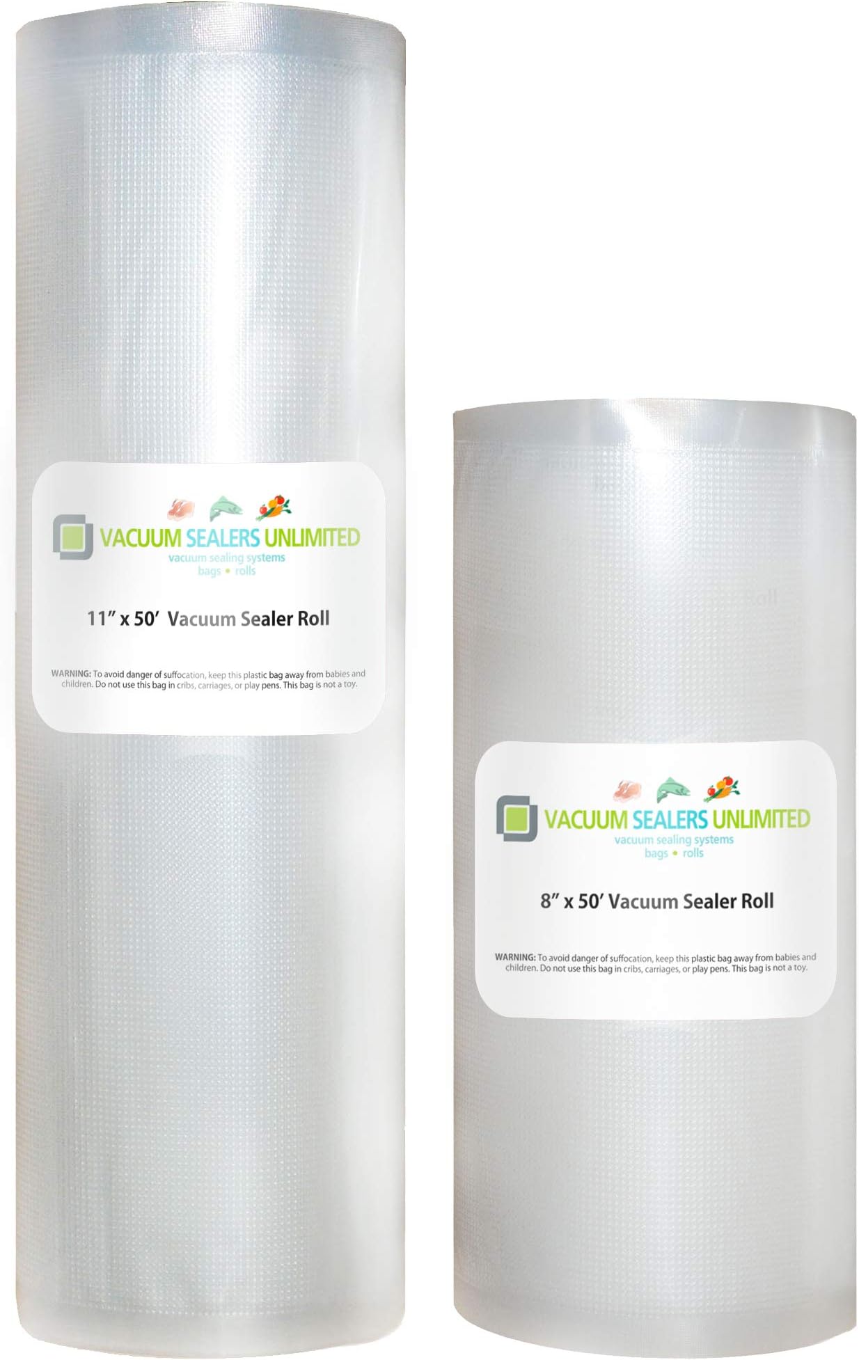 Vacuum Sealers Unlimited - Two 50 Foot Rolls (1-8" & 1-11") Thicker, Heavy-Duty Commercial Grade Textured Vacuum Sealer Bags For Foodsaver etc - BPA Free