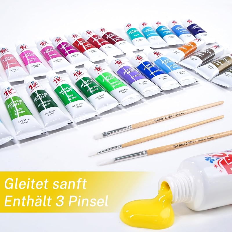 Acrylfarben Set, Satz von 24 farbe 12ml Tuben, Grundlegende und Metallische Farben, Wasserfest und Lichtecht, Schnell Trocknend, für DIY Stein, Keramik, Holz, Papier — Foto 2 von 6