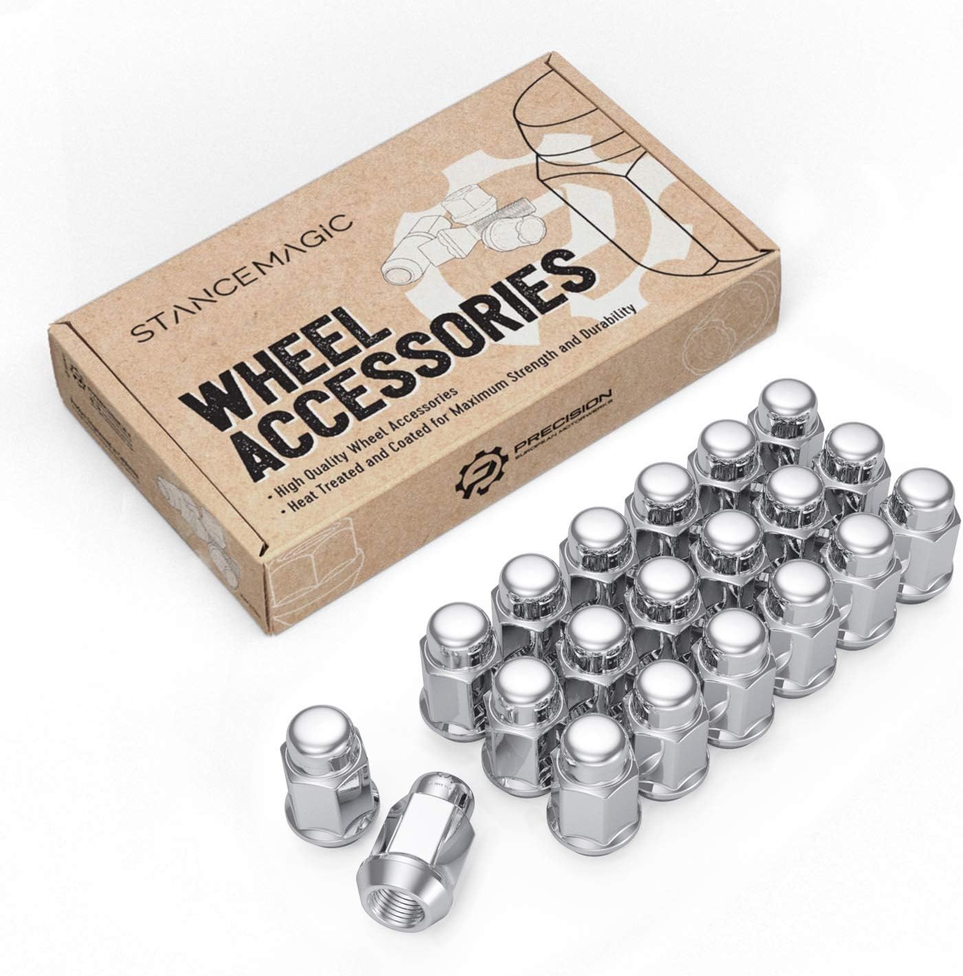 StanceMagic - 20pcs Silver Bulge Lug Nuts - Metric 12x1.5 Threads - 36mm Length (1.4 inch), 23mm (0.87 inch) Width - Large Conical Cone Taper Acorn Seat, uses 19mm or 3/4 inch Hex Socket