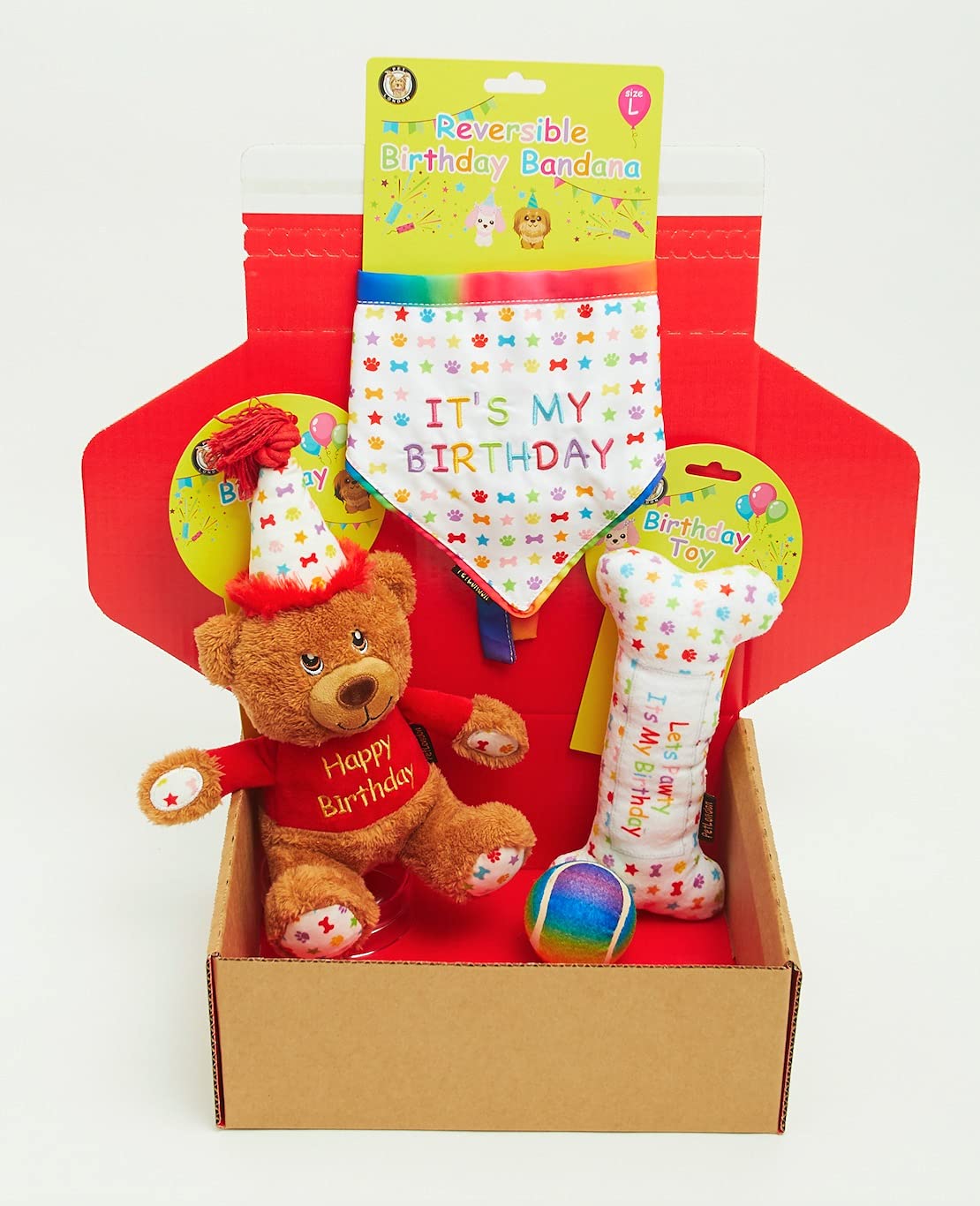 Pet London Dog Birthday Gift Box 4-Piece Hamper Present set, Perfect Dogs Happy Bday Celebration, includes Toys and Bandana (Large)
