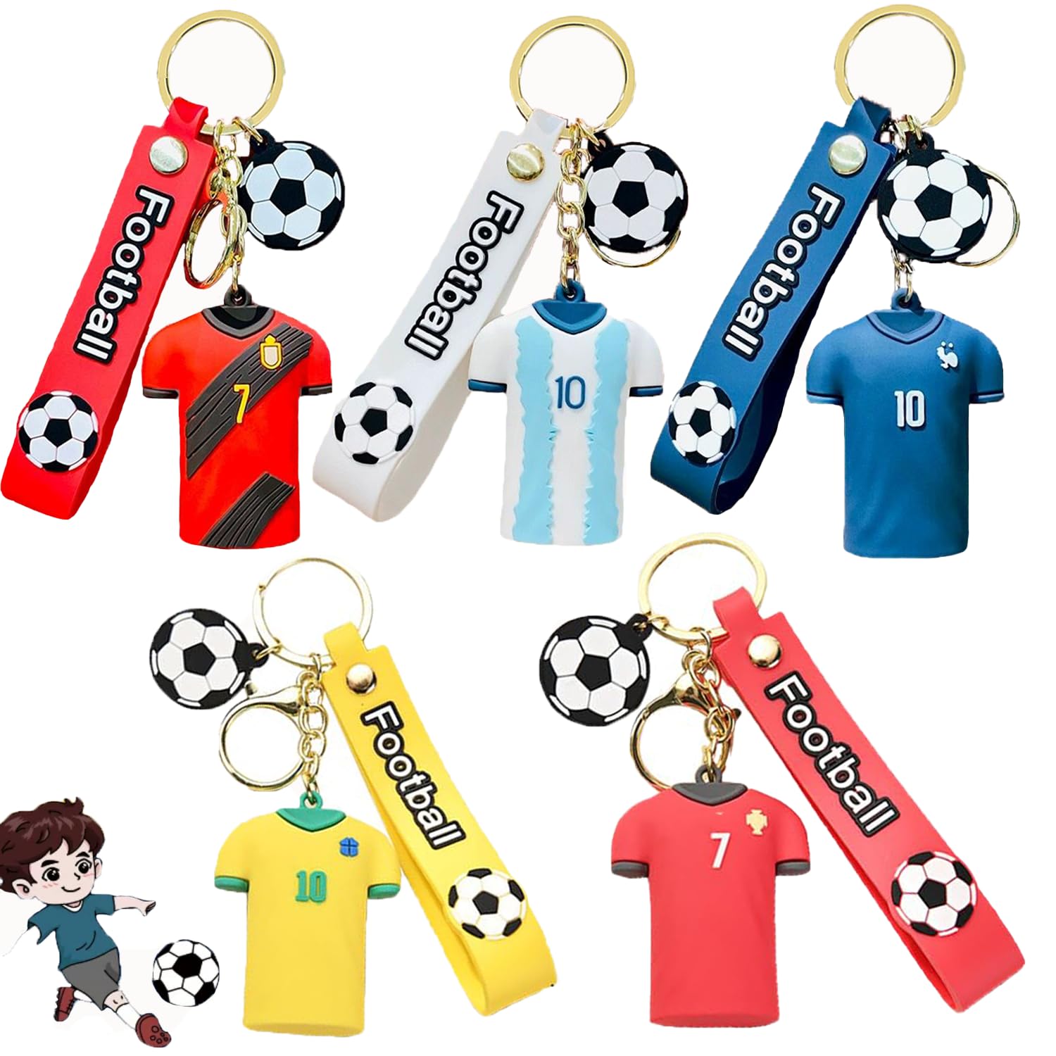 YaLiyA 5PCS Football Keychain Argentina Jersey Keyring Soccer Gift Portable Inspirational Football Ornament Silicone Key Rings Mini Soccer Ball Keychain
