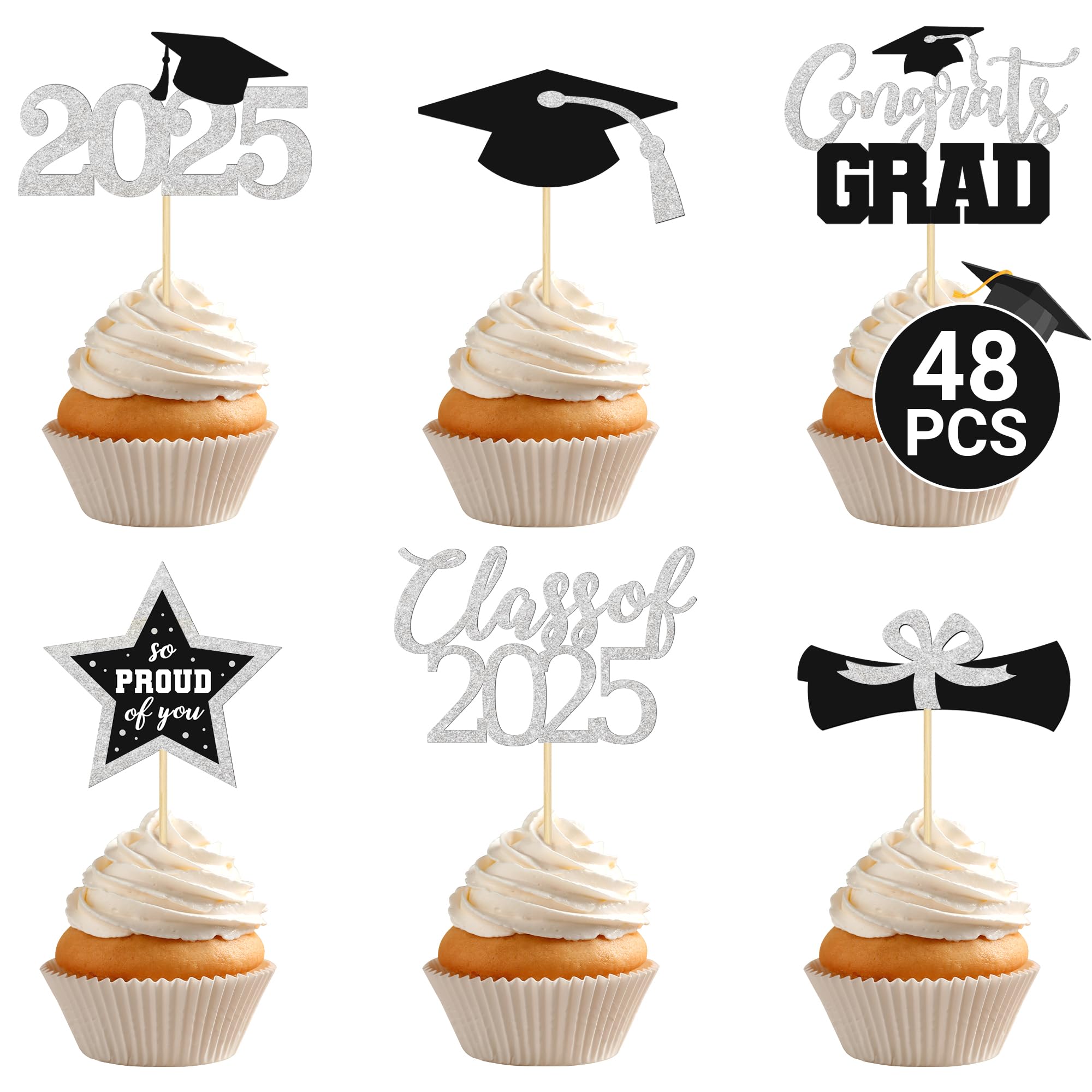 Photo 1 of 48 PCS Graduation Cupcake Toppers 2025, 6 Style Graduation Decorations Class of 2025, Glitter Silver Design Grad Cupcake Toppers Graduation Hat Cake Toppers, Grad Cupcake Decorations 2025