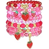 VOGUEKNOCK Strawberry Bracelet for Women Crystal Heishi Beaded Stretchy Bracelet Stackable Strawberry Cake Friendship Bracelets Party Favors Accessories