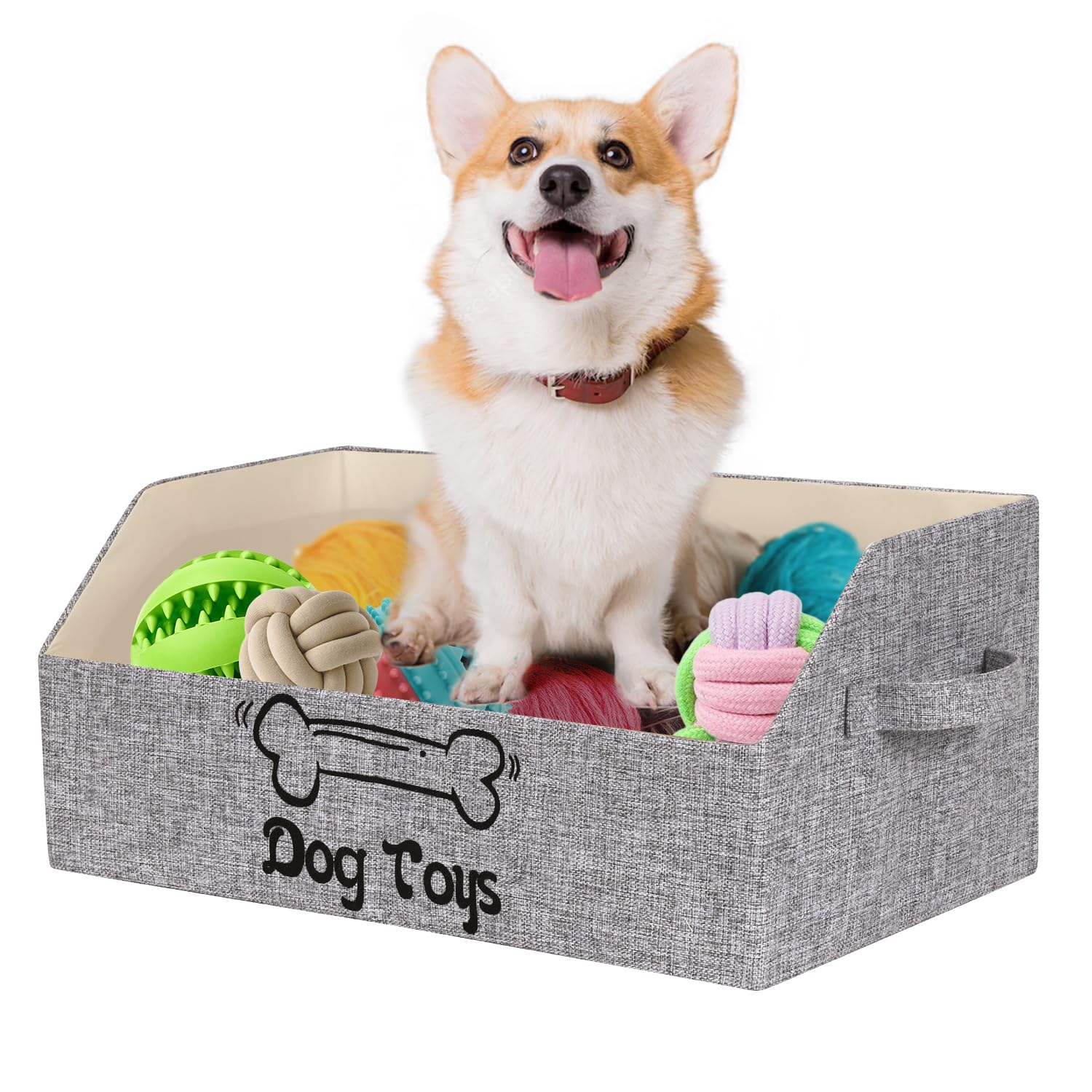BinWhiz Large Size Dog Toy Box, 50x29x22 cm Collapsible Basket for Dogs and Puppies, Pet Storage Box Chest Holder Organizer with Handles for Toys, Clothes and Accessories, Grey (For Dog)