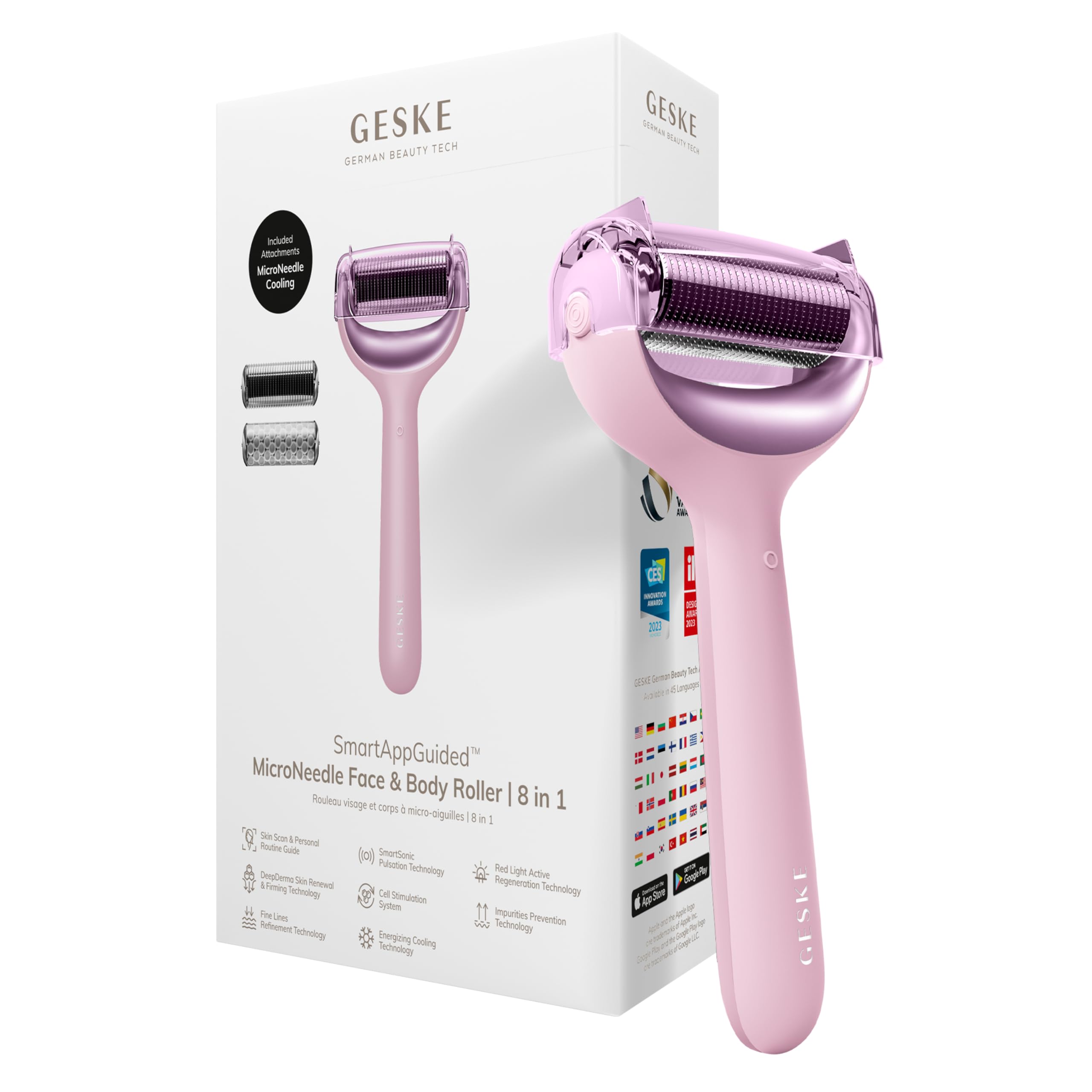 GESKE SmartAppGuided™ MicroNeedle Face & Body Roller | 8 in 1 | Derma Roller | Electric roller | Microneedling device | Needle roller | Beauty roller for face and body