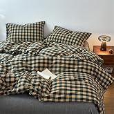 PinkMemory Green Gingham Duvet Cover King 100% Washed Cotton Beige Plaid Checkered Duvet Cover Set 3pcs Grid Gingham Bedding Set with Zipper Closure Ultra Soft Breathable
