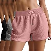 Huukeay 3 Pack Women's Waffle Knit Shorts Drawstring Casual Lounge Pajama Bottoms Comfy Summer Shorts with Pockets