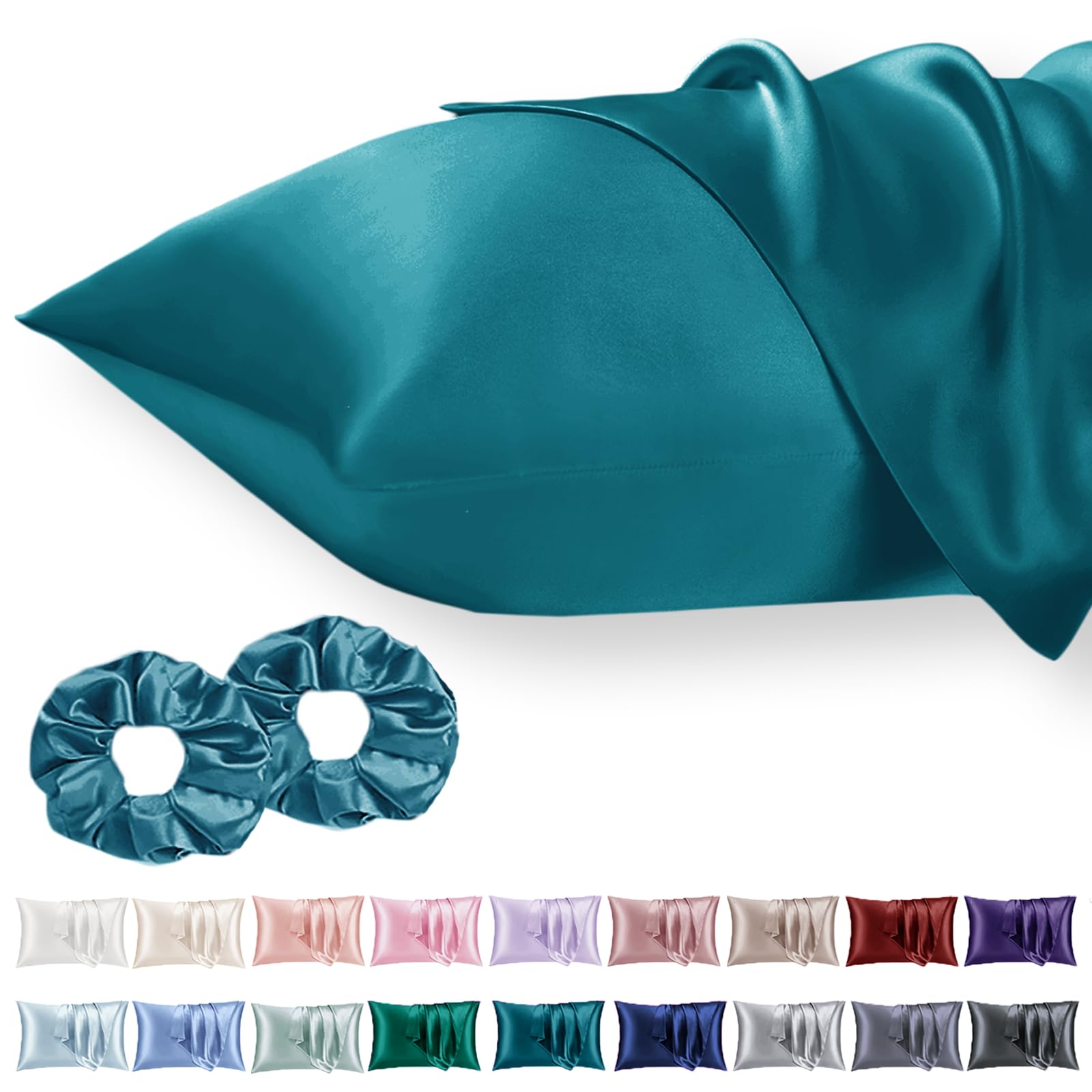 Vielit 2 Pack Satin Pillowcase for Hair and Skin Cooling,Soft as Silk Pillowcase for Hair and Skin,Easier Care than Silk Pillow Case Teel 50x75cm Gifts for Women Envelope & 2 Scrunchies