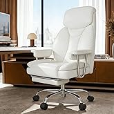 Big and Tall Office Chair, Executive Home Office Desk Chair, Comfy Leather High-Back Reclining Computer Chair with Retractable Footrest and Padded Arms, 360°Swivel Rolling Wheels, Wide Seat, White