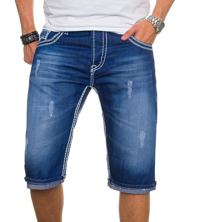 A. Salvarini Herren Jeans Short Kurze Hose Dicke Nähte Bermuda Shorts AS022
