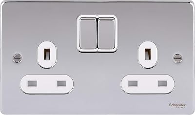 Schneider Electric Low Profile Switched Double Socket 13A Polished Chrome White