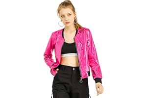Allegra K Women's St. Patrick's Day Sparkly Holographic Lightweight 90S Shiny Metallic Bomber Jacket