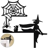 Jetec 2 Pcs Halloween Door Corner Sign Wood Witch Spider Web, Black | Witch on Broom and Cat Design, Web with Hanging Spider, Right Angle Corner Fit, Home Party Spooky Atmosphere, Halloween Sign