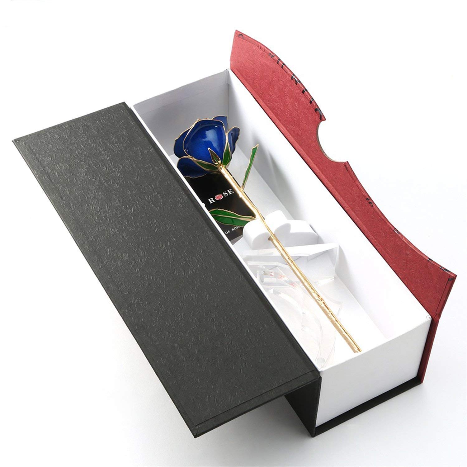 U-Kiss 24K Gold Rose Artificial Flowers, Long Stem Gold Rose Dipped, Gold Foil Trim Rose in Gift Box Women, Wedding, Party, Anniversary, Birthday, Valentines, Home Decor, Blue Rose Stand