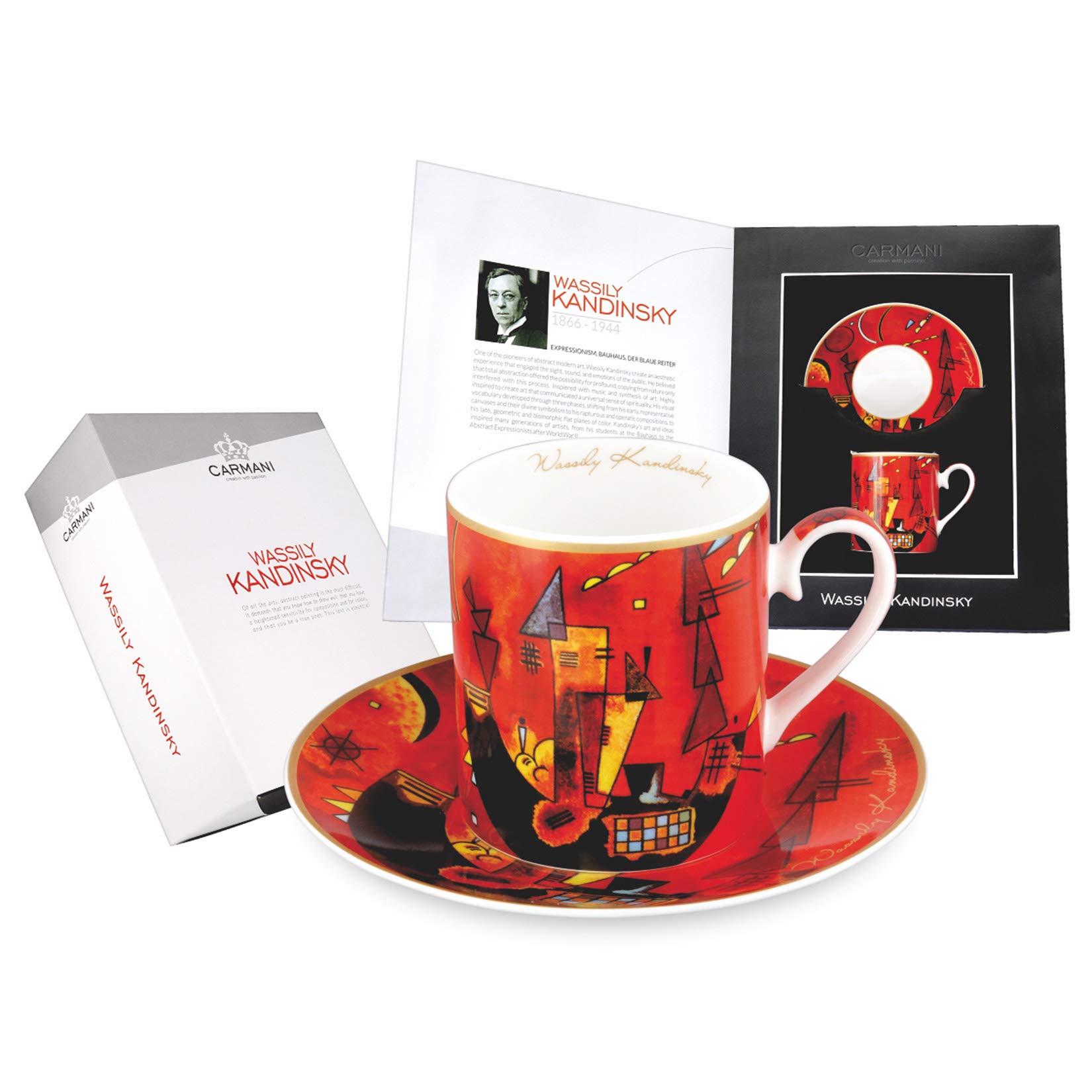CARMANI - Tea Cup and Saucer, Fine Bone China, with Wassily Kandinsky"with and Against" 250ml