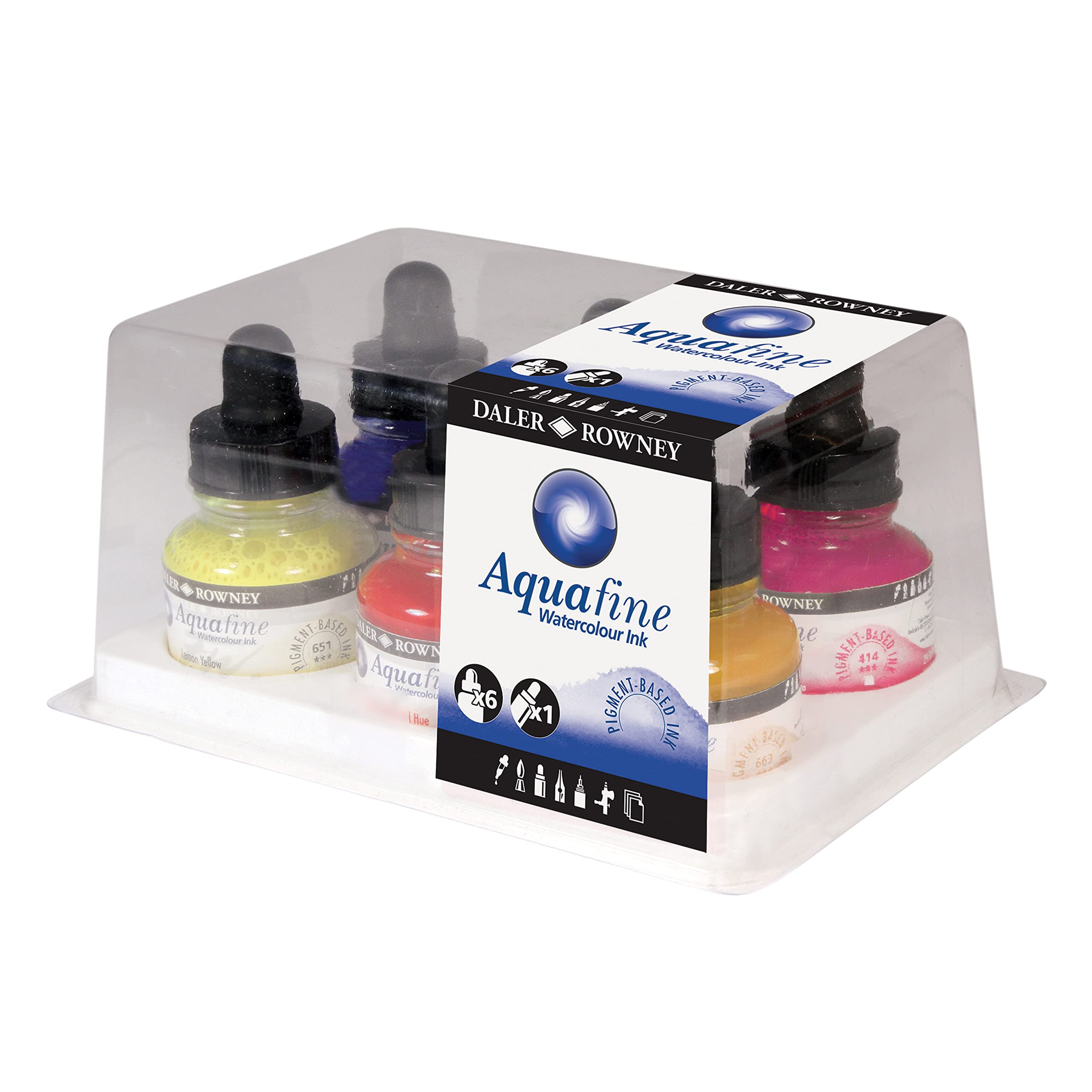 Daler-Rowney Aquafine Watercolour Ink Set, 6 x 29.5ml Bottles & 1 FW Mixed Media Marker, Assorted Colours, For Professional Artists & Students