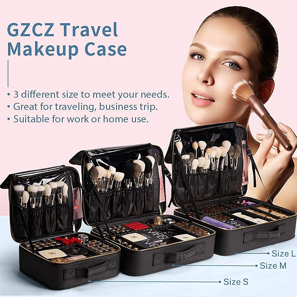 GZCZ 3 Layers Large Capacity Travel Professional Makeup Train Case Cosmetic Brush Organizer Portable Artist Storage bag 16.5 inches with Adjustable Dividers and shoulder strap for Make up Accessories : Beauty
