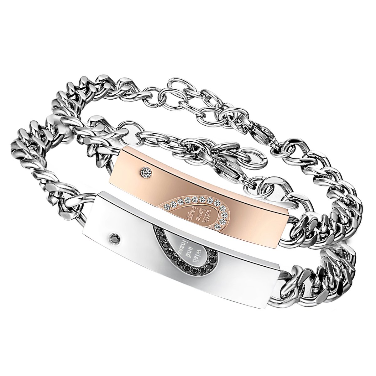 Flongo Men's Womens Stunning 2PCS with Wish Love and Happiness Stainless Steel Heart Matching Link Bracelet, Valentine Love Engagement Promise Bracelet
