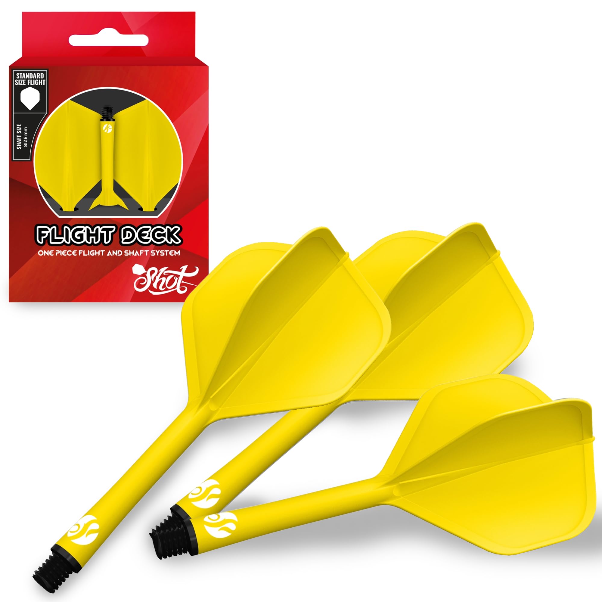 Shot! Darts Flight Deck One Piece Dart Flight and Shaft System, Reduced Deflections, Standard Shaped Flight (350 Micron), Available in Set of 3 (Yellow, Inbetween)