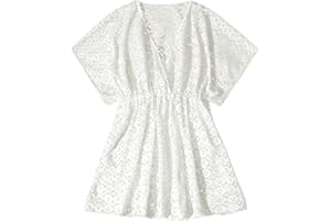 Girls Swimwear Cover Ups Kids Girls Beach Bathing Suit Mesh Solid CoverupsCute Bikini Vacation Short Sleeves Tunic Dress