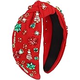 ACO-UINT Christmas Knotted Headbands for Women Crystal Plaid Headband Wide Knotted Hairband (Red)