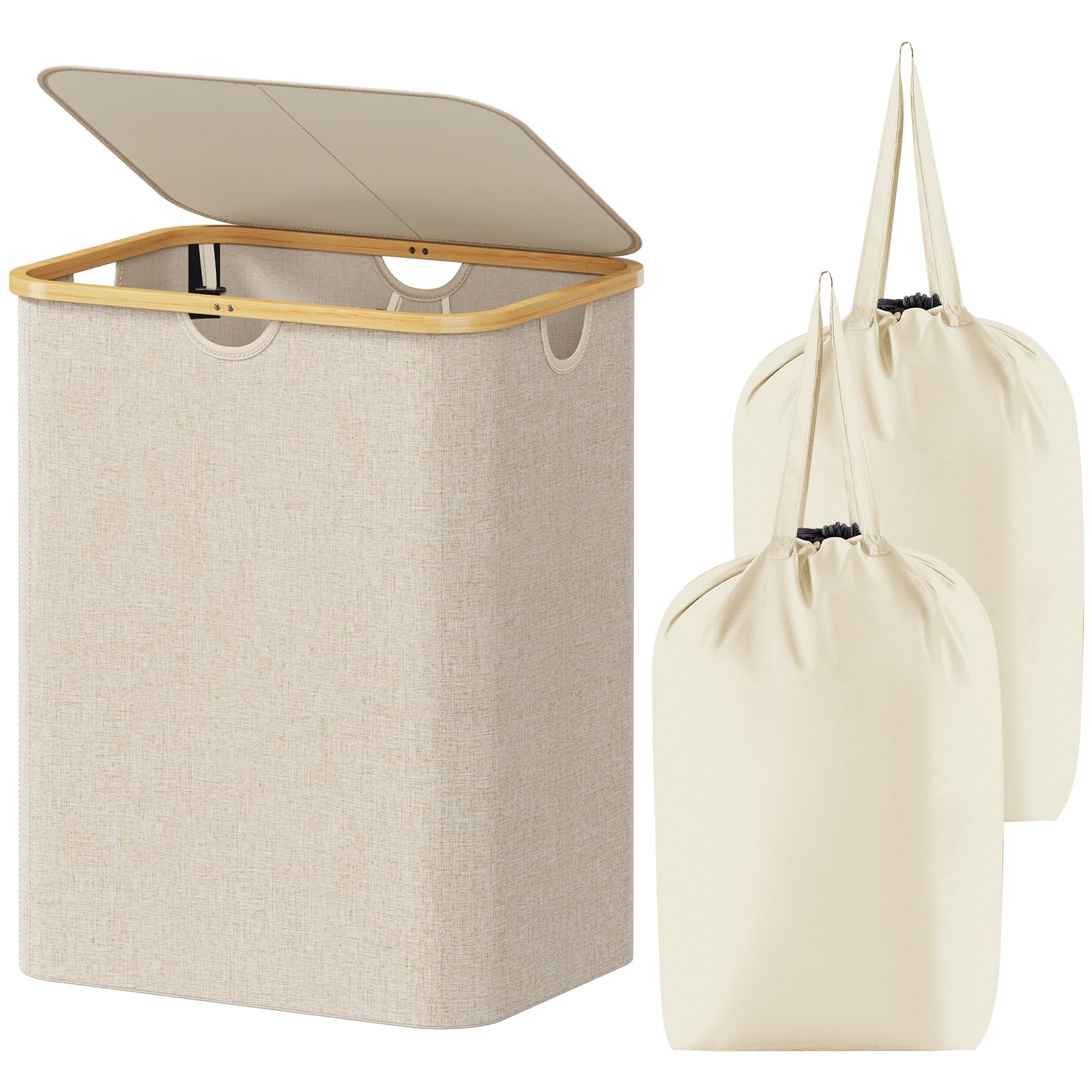 Photo 1 of Lifewit 120L Large Laundry Hamper with Lid, Foldable 2 Section Laundry Basket with Bamboo Handles and Removable Bags for Laundry Room, Bathroom, Bedroom, Beige