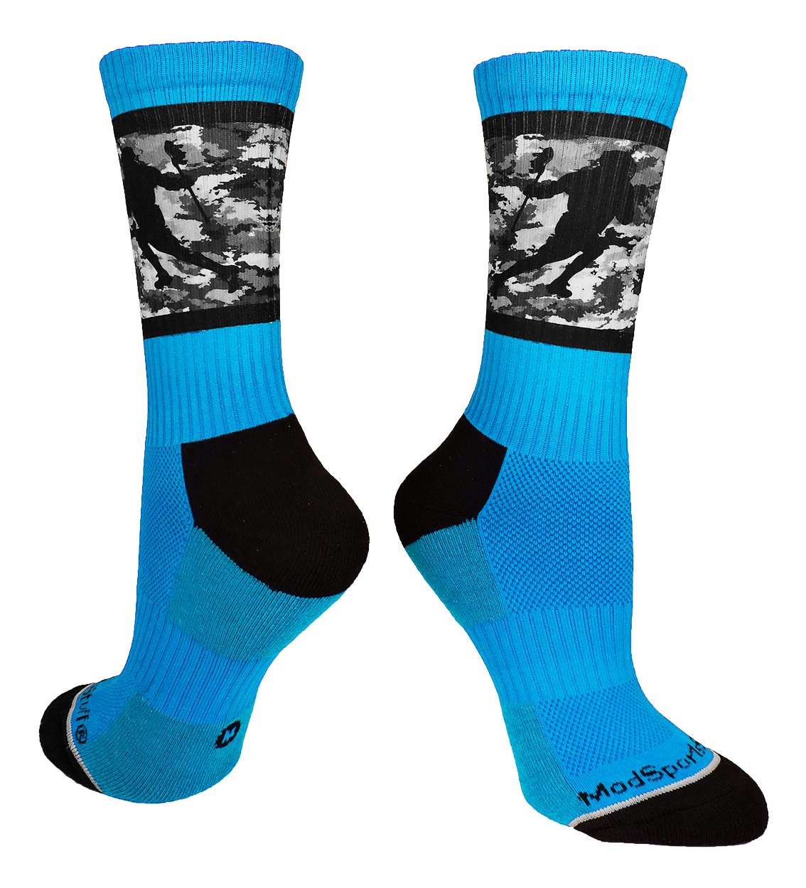 MadSportsStuff Calcetines de lacrosse con jugador sobre fondo de camuflaje (azul eléctrico/negro, mediano)