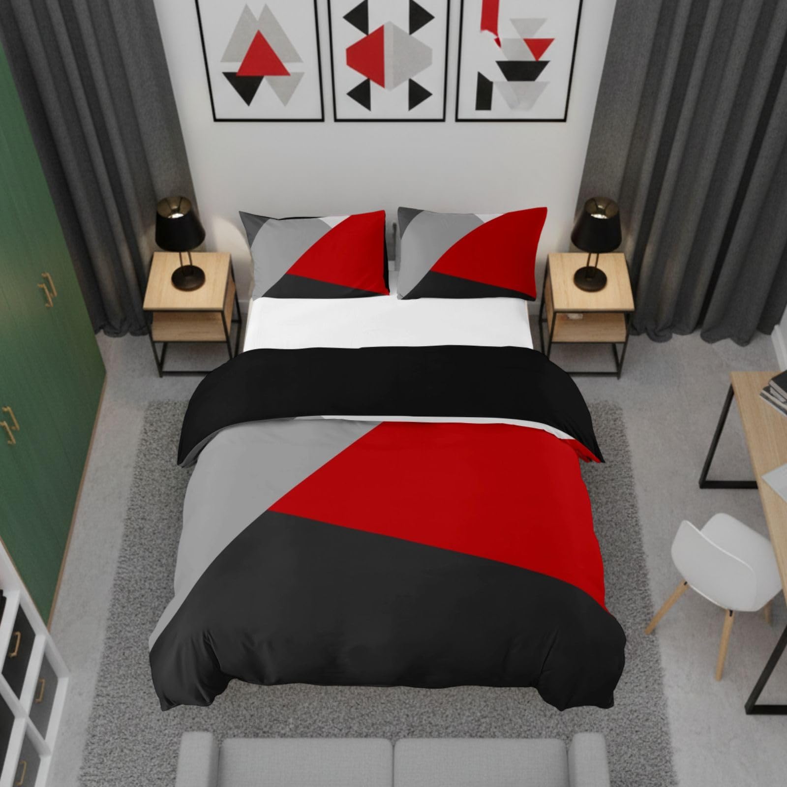 Homewish Red Black Gray Single Duvet Cover Set with 1 Pillowcase - Single Size, 100% Soft & Breathable Polyester, Zip Closure - Geometric Bedding - Modern Simple Pattern with Black Reverse — image 1