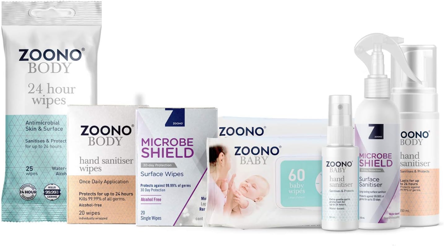 Zoono Family Essentials – Keep Your Family Healthy & Germ Free | 8 Items Including Baby Wipes, Hand Sanitiser, Surface Sanitiser & 24 Hour Wipes