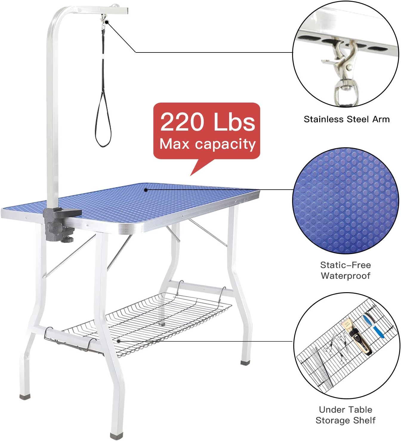 ITORI Pet Dog Grooming Table for Small Dog, Professional 32in Foldable Portable Drying Table with Adjustable Height Arm&Noose, Maximum Capacity Up to 220lbs(Mesh Tray)