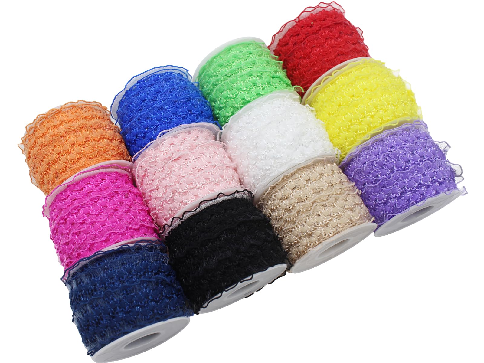 Photo 1 of JESEP YONG 84 Yards Assorted-Color Doulbe Wave Ruffle Organza Trim Elastic Craft Lace 1 inch Trim Stretch Lace Band Clothing and Garment for DIY Headband,Clothes Sewing Embellishment