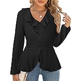 ECOWISH Women Dressy Ruffle Blouse: 2025 Long Sleeve Peplum Work Shirts Elegant V Neck Smocked Waist Business Casual Tops