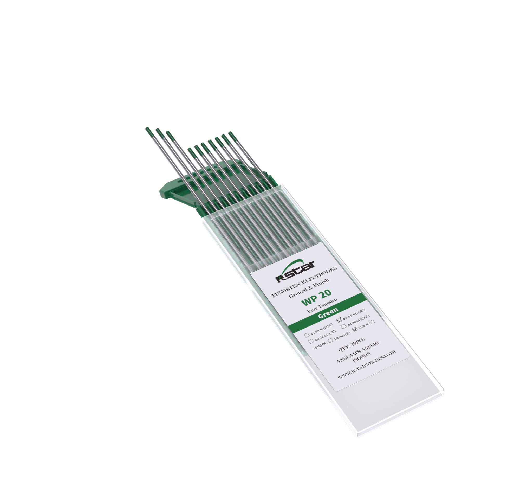 Rstar TIG Welding Tungsten Electrodes Pure Tungsten 3/32" x 7" (Green, WP) 10-Pack