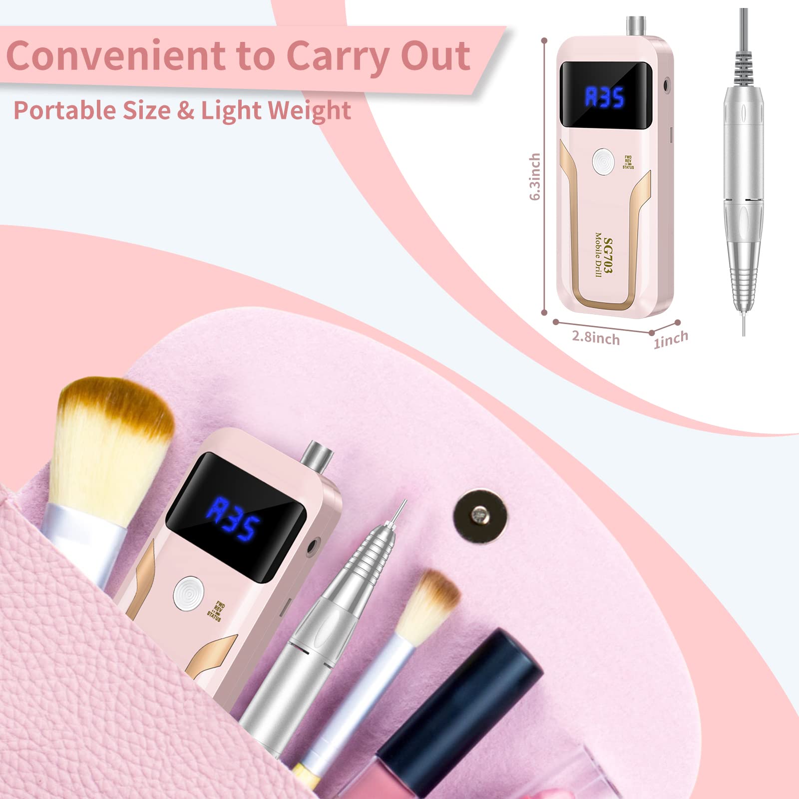 Portable Nail Drill Professional 35000 RPM, MOCOWIND Rechargeable Electric Nail File Machine E File for Acrylic Nails Gel Polishing Removing, Cordless E-file with Bits Kit for Manicure Salon Home,Pink - Image 3