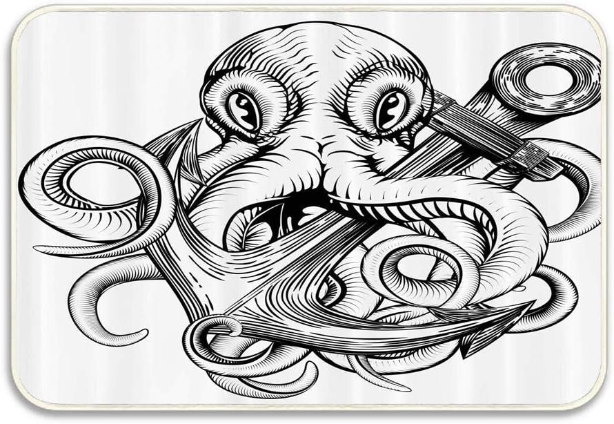Ilustración de un pulpo que sostiene un ancla de naves en un tapete de
