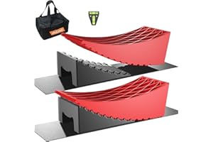 OULEME RV Leveling Blocks, Camper Leveler, 2 Packs for Dual Axle Tandem Wheel Travel Trailer Motorhome, Include 2 Curved Leveler Ramp, 2 Chock, 2 Rubber Mat, 1 T Bubble Level, 1 Storage Bag