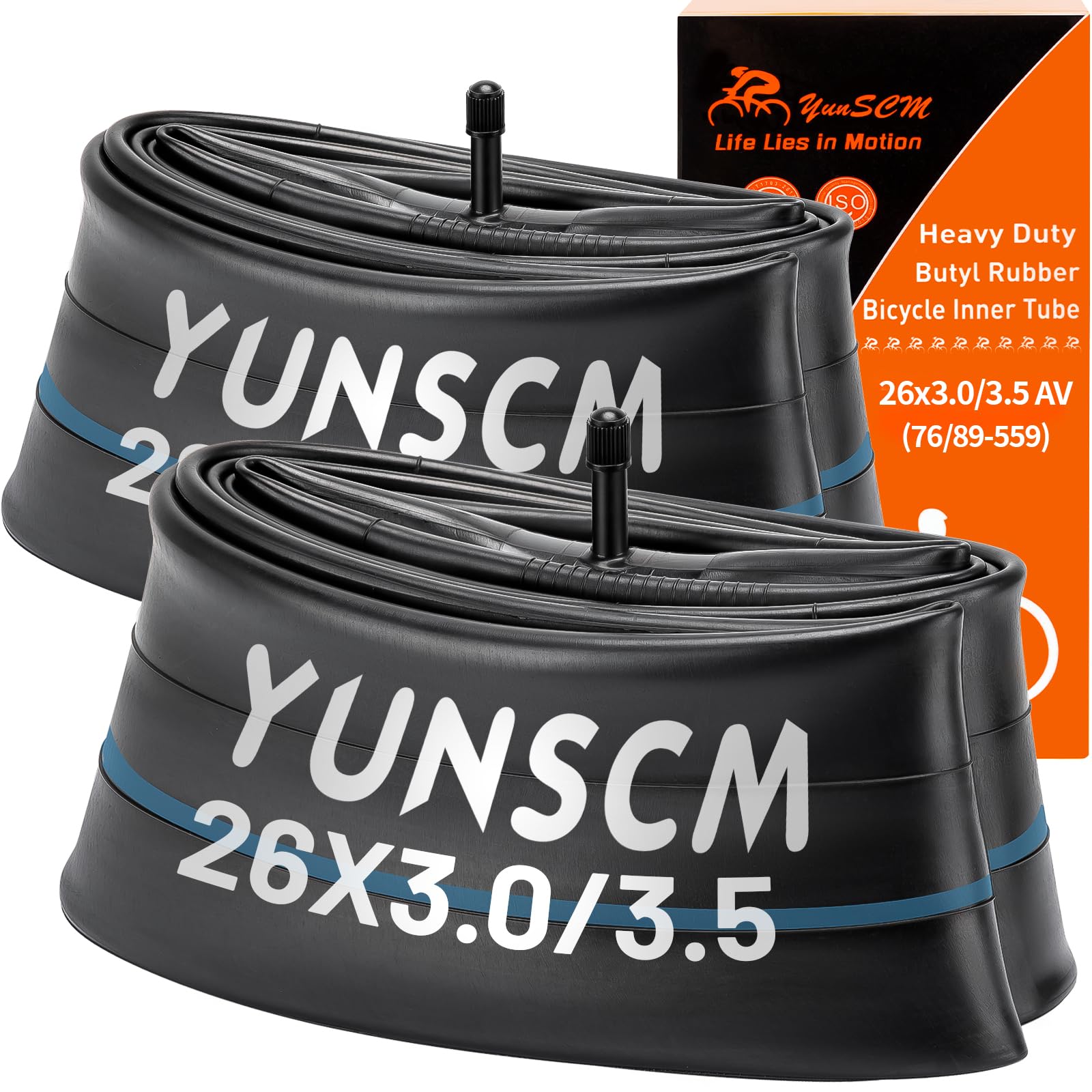 YunSCM 2-PCS 26x3 Heavy Duty Fat Bike Tubes 26x3.0 26x3.50 76/90-559 26" E-Bike Fat Tyre Tubes AV32mm Schrader Valve Compatible with 26x3.0/3.5 Mountain/Road/e Bike/Bicycle Tube