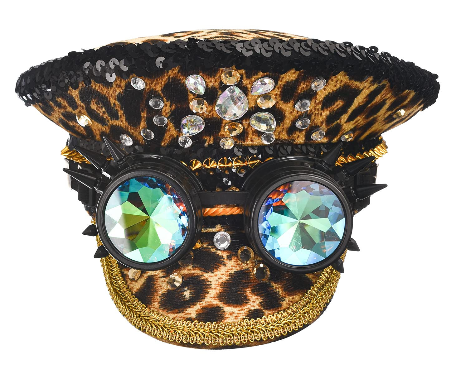 Bslingerie Halloween Steampunk Cosplay Sequin Hat Rave Party Festival Captain Headwear with Goggles (Leopard)