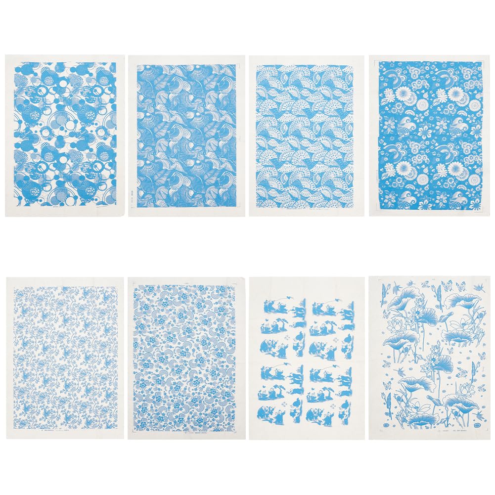 BENECREAT 8 Styles Pottery Ceramics Clay Transfer Paper, 53x38cm Small Flowers Blue and White Porcelain Ceramic Decals Pottery Underglaze Flower Paper for Pottery Enamel Decal