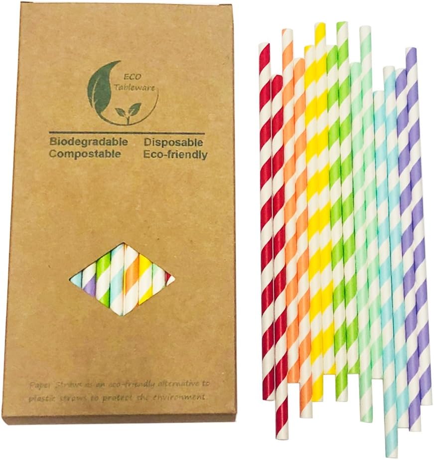 Multicoloured Striped Paper Drinking Straws,100-Pack Biodegradable Disposable 7 Colors Rainbow Stripes Straw for Christmas Birthday Party Decoration - Image 4