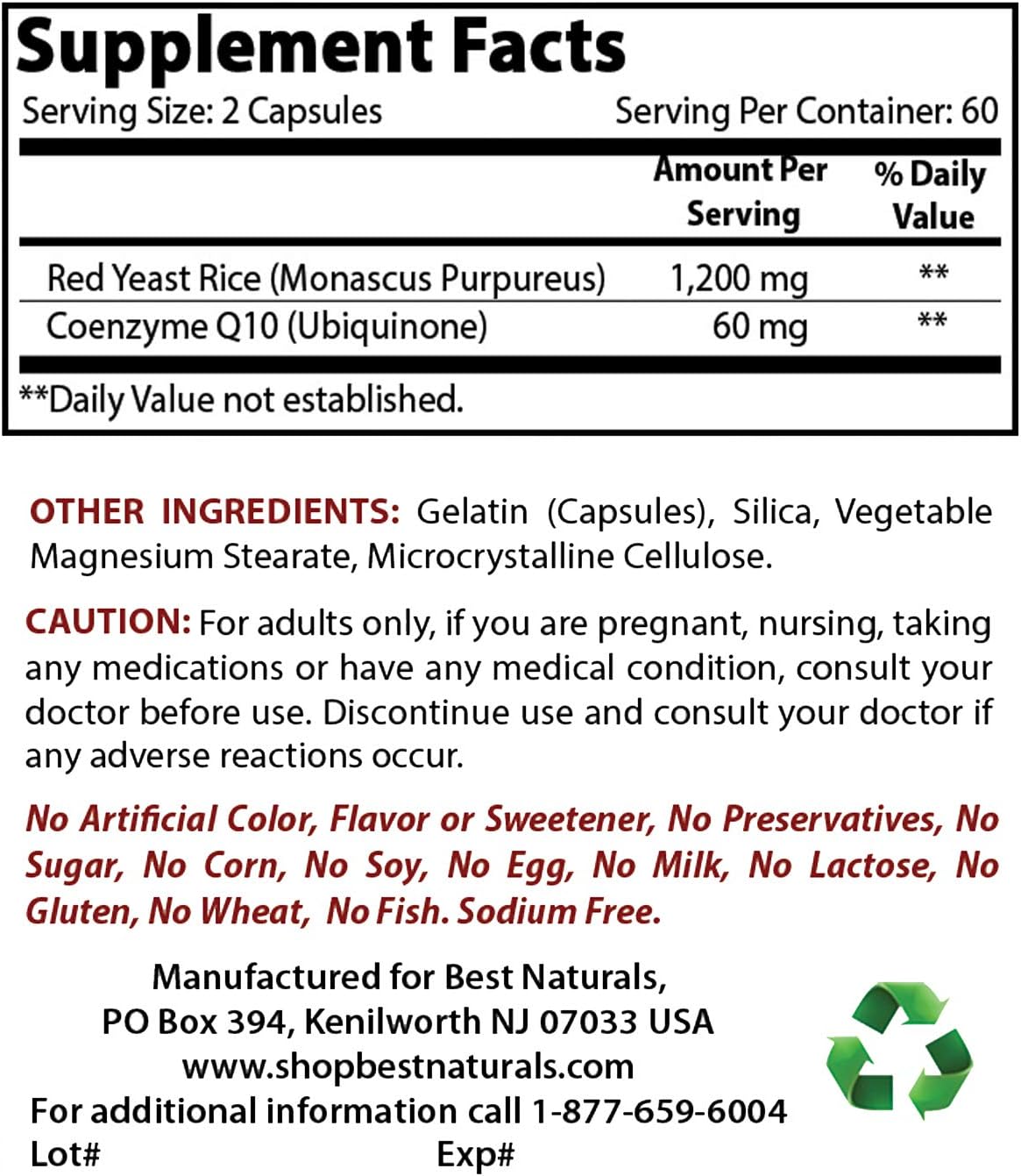 Best Naturals Red Yeast Rice with CoQ10, 120 Capsules - Cardiovascular Formula Contains 600 mg of Red Yeast Rice ans 30 mg of CoQ10: Health & Personal Care