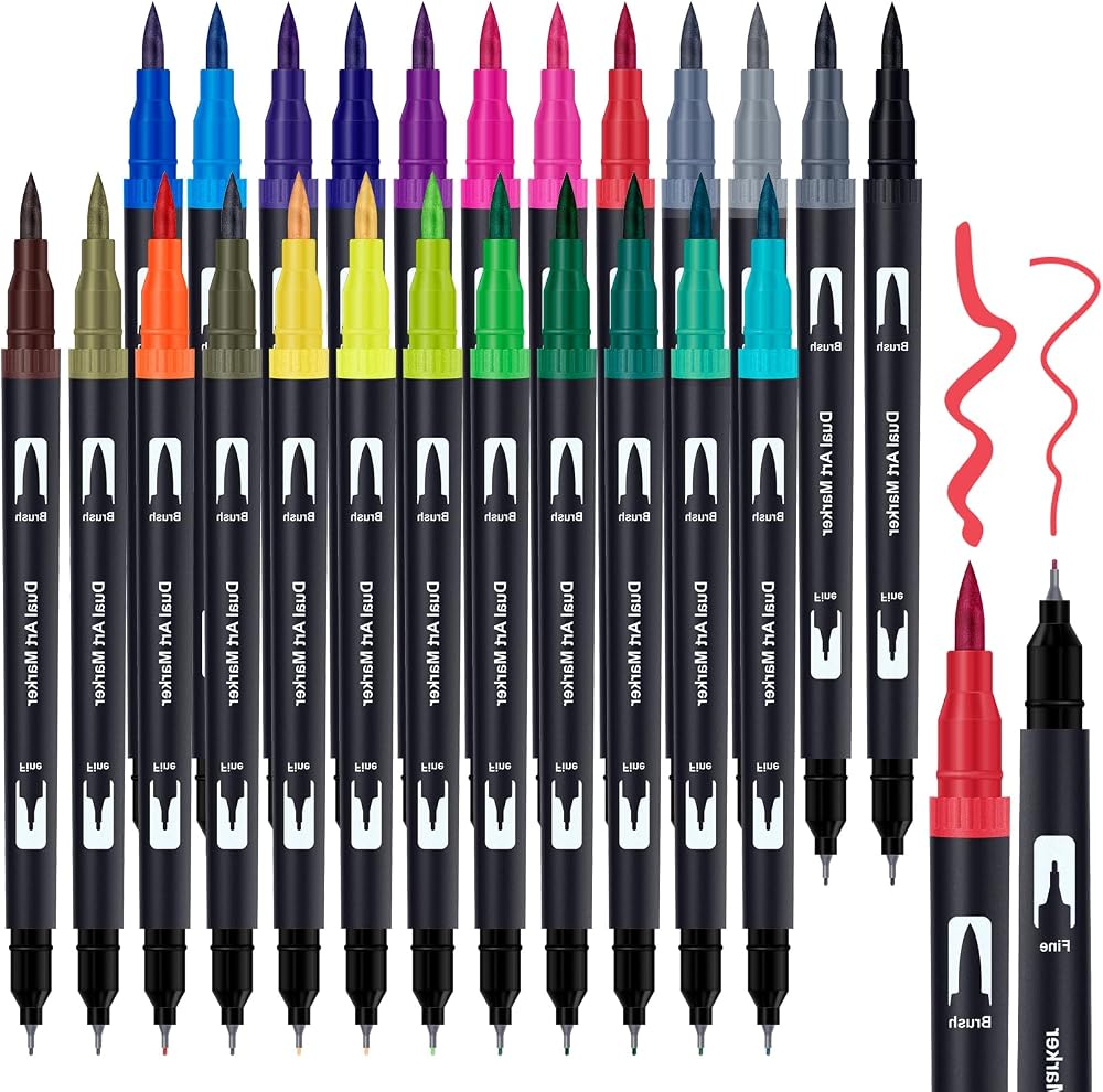 APOGO Dual Tip Brush Pens 24 Color Set for Adult Colouring Journal Calligraphy